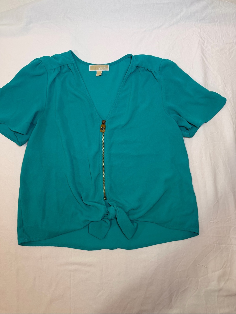 MICHAEL Michael Kors Teal Short-Sleeve Zip Tie-Front Blouse